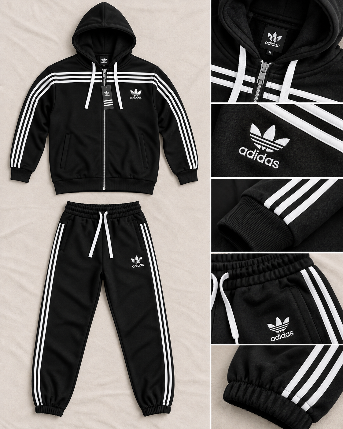 Ensemble Survêtement Noir à Bandes Blanches – Veste Zippée & Jogging