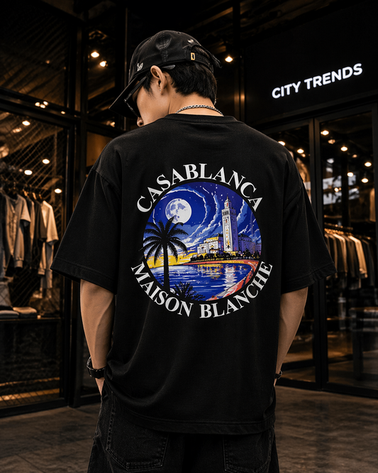 T-Shirt Noir “Casablanca Maison Blanche” – Coupe Classique