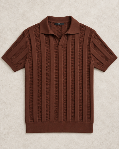 Polo Maille Marron à Rayures Texturées – Style Premium