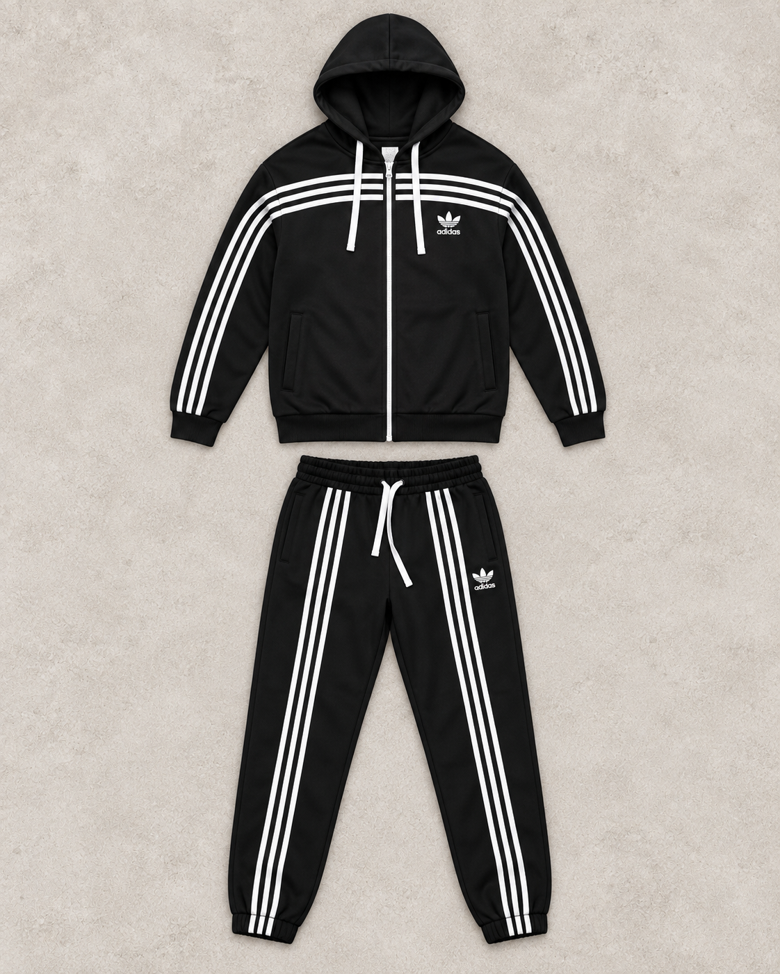 Ensemble Survêtement Noir à Bandes Blanches – Veste Zippée & Jogging