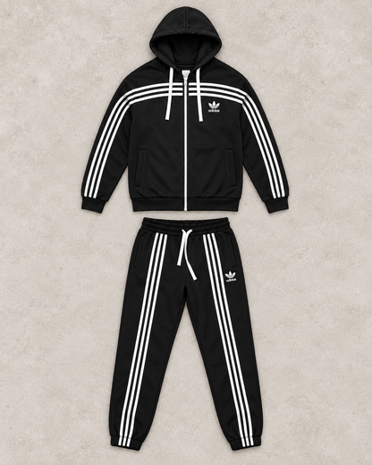 Ensemble Survêtement Noir à Bandes Blanches – Veste Zippée & Jogging