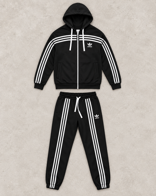 Ensemble Survêtement Noir à Bandes Blanches – Veste Zippée & Jogging