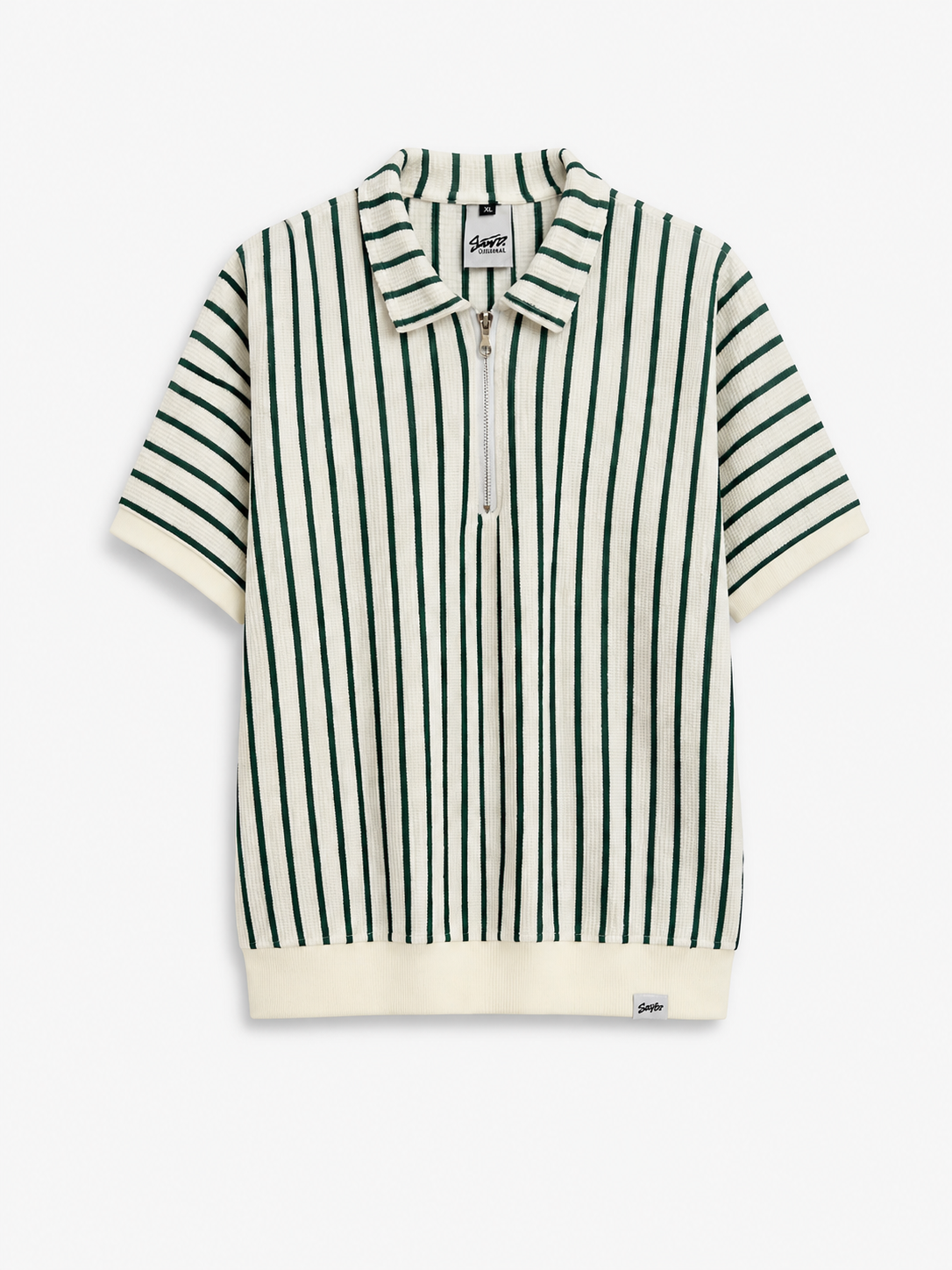 Zip Polo Rayé – Vert & Crème