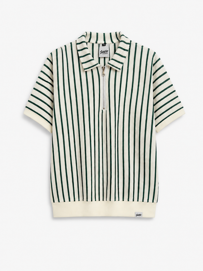 Zip Polo Rayé – Vert & Crème