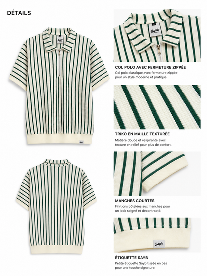 Zip Polo Rayé – Vert & Crème