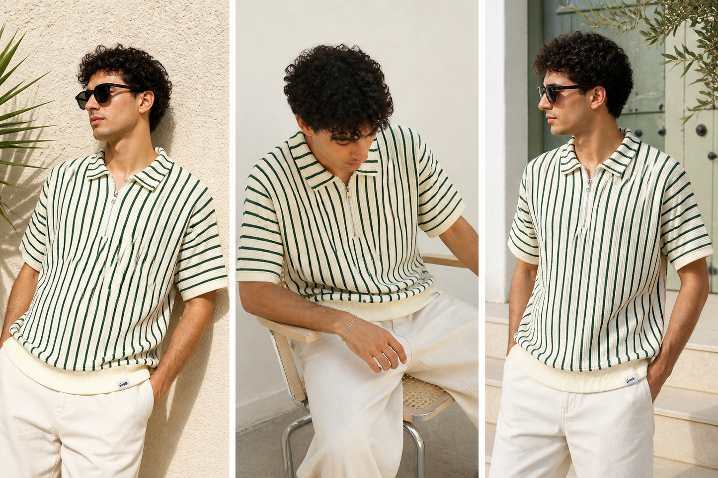 Zip Polo Rayé – Vert & Crème