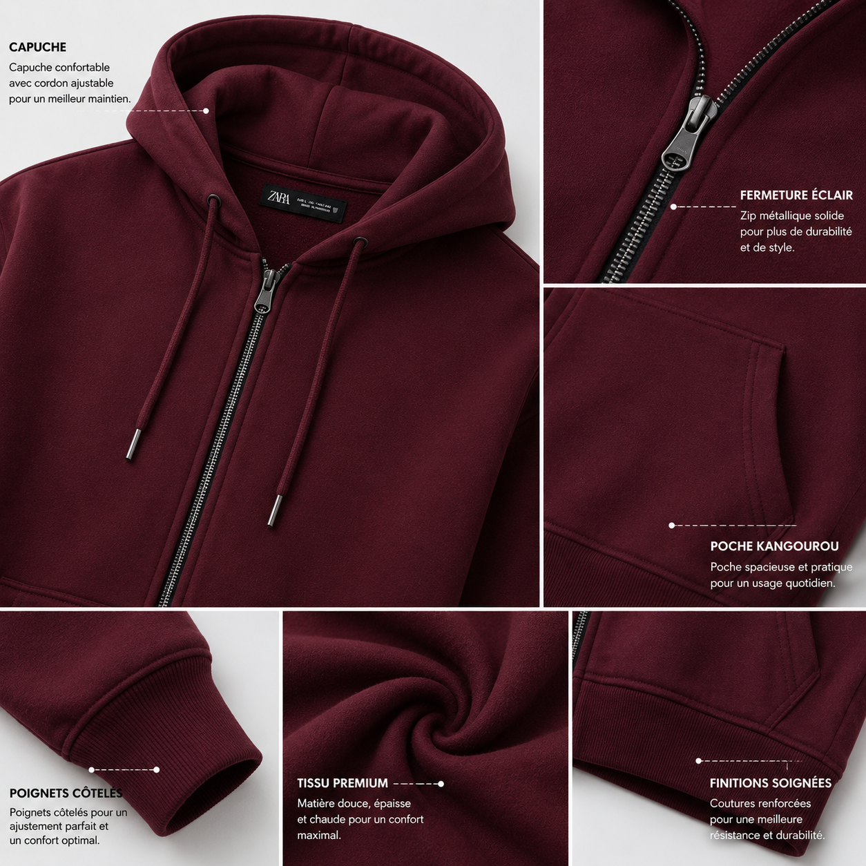 Hoodie Zip Premium Homme – Bordeaux