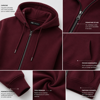Hoodie Zip Premium Homme – Bordeaux