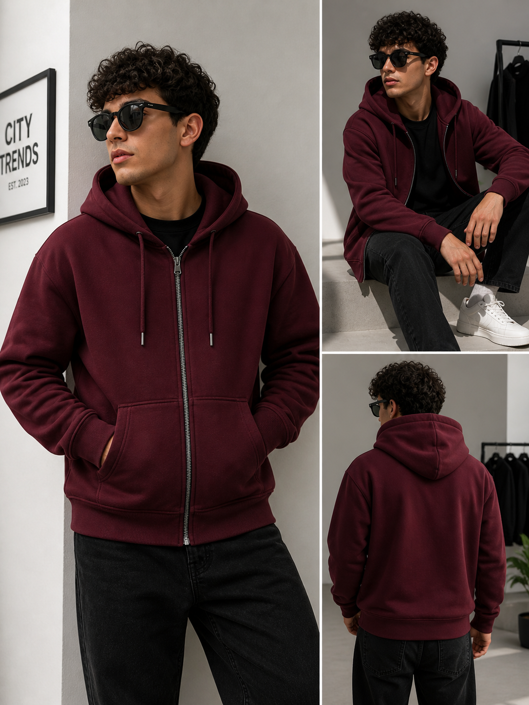 Hoodie Zip Premium Homme – Bordeaux