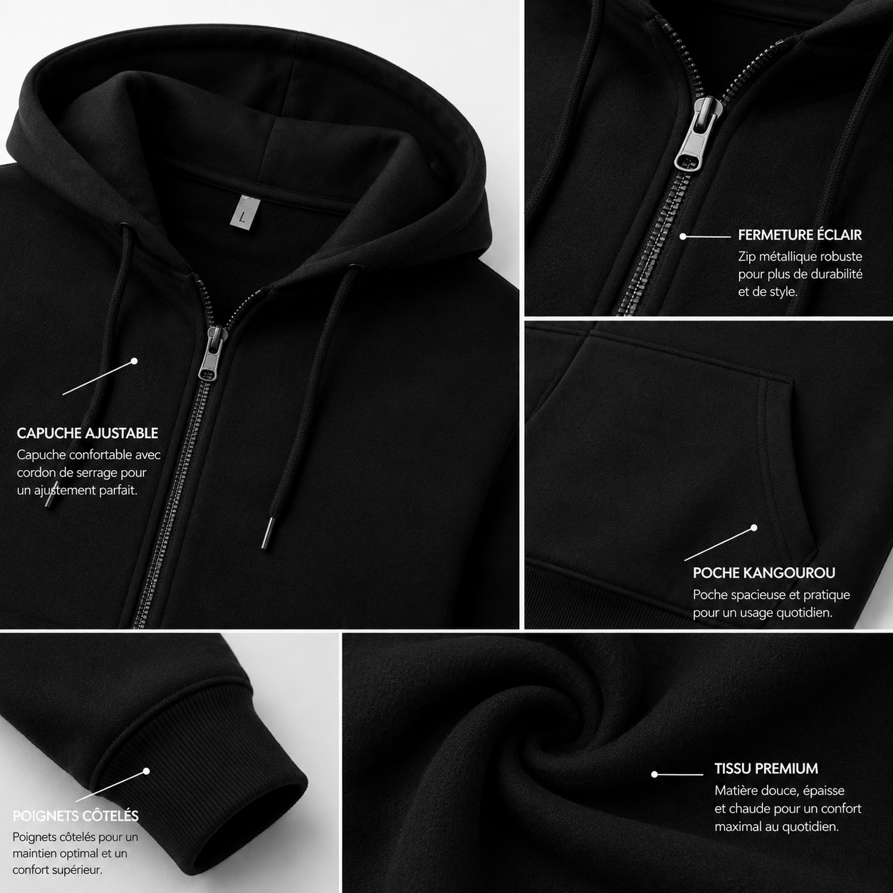 Hoodie Zip Premium Homme – Noir
